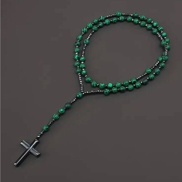 Green Malachite Hematite Round Beaded Cross Pendant Rosary Necklace New - Picture 2 of 7